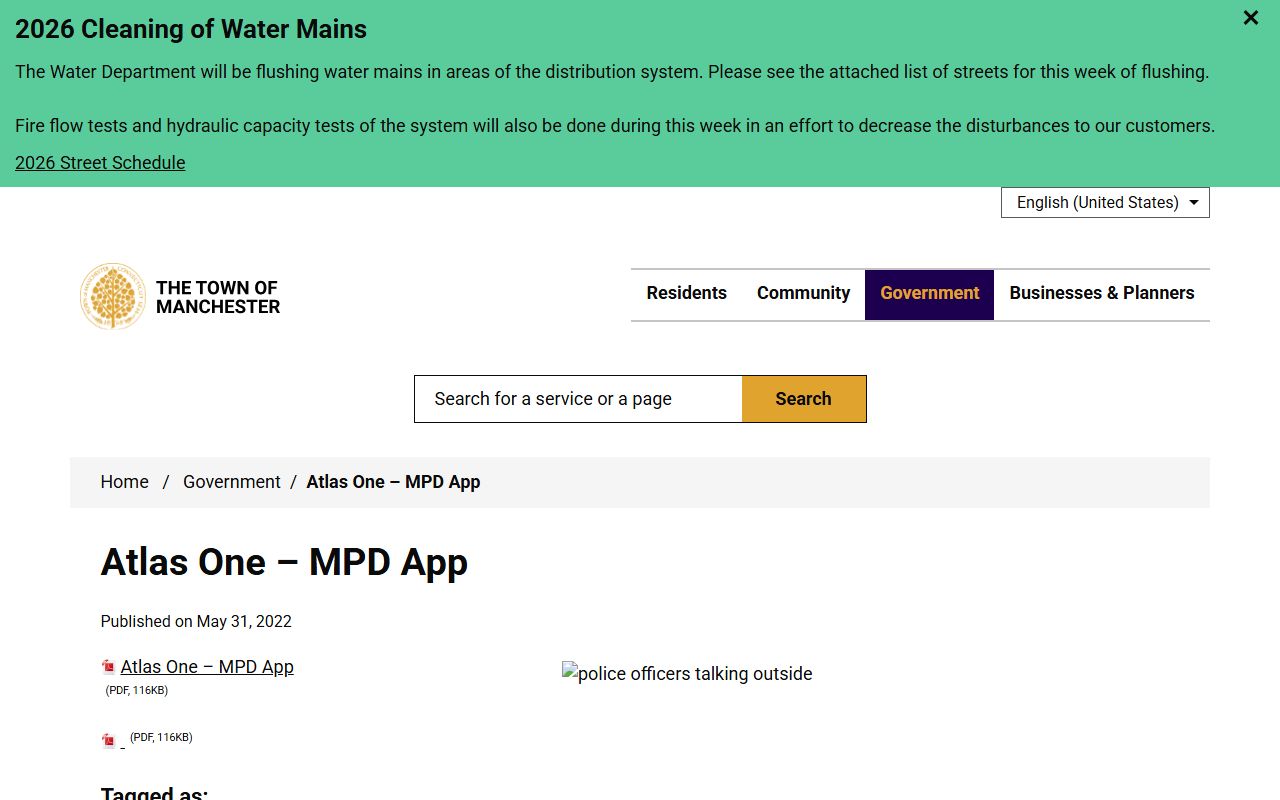 Manchester Police Atlas One MPD app announcement, an alerts tool with no inmate roster or records portal