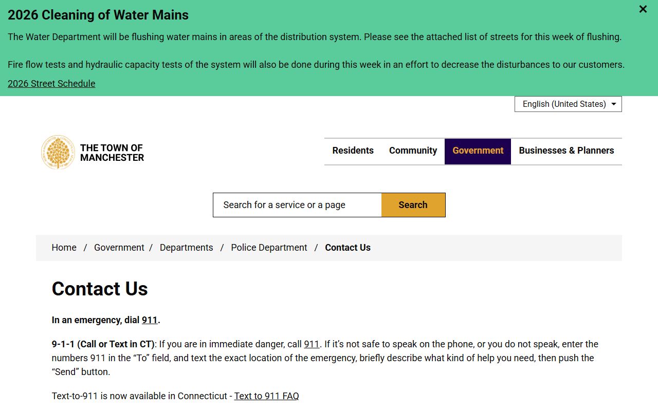 Manchester Police direct phone lines page used for Manchester County inmate records and arrest questions