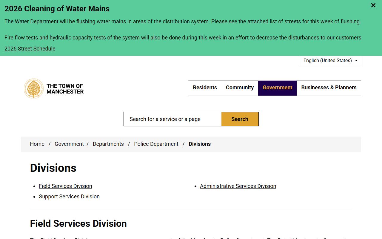 Manchester Police divisions page outlining Field Services, Support Services, and the Records Unit for custody records