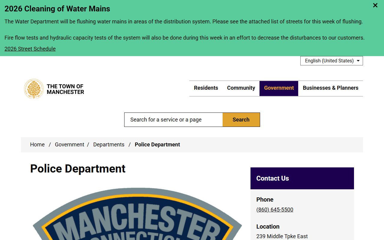 Manchester Police Department homepage with custody, records, and division links for inmate population searches