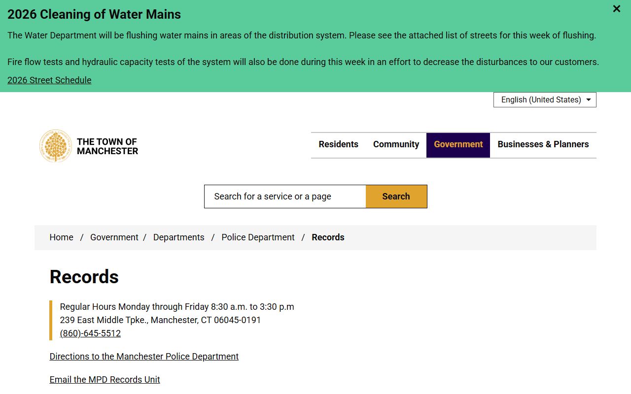 Manchester Police Records Unit page showing hours, phone, and forms used to request Manchester County booking records