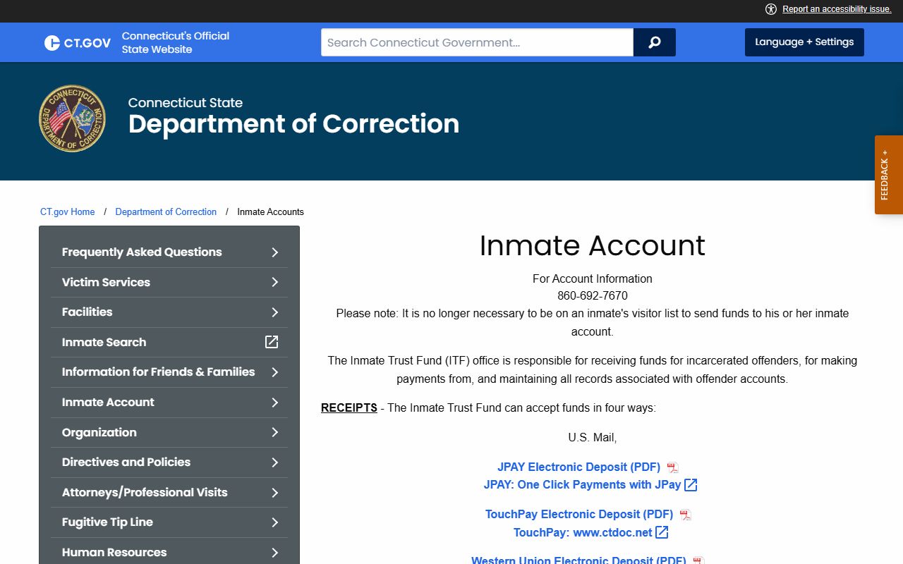 Connecticut DOC Inmate Trust Fund deposit methods page used for Hartford Correctional Center inmate accounts
