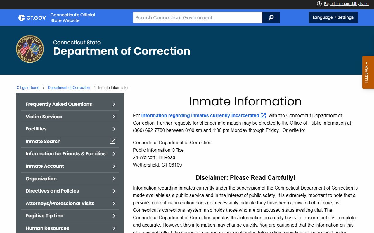 Connecticut DOC inmate information page describing how Manchester County inmate records and contact options work
