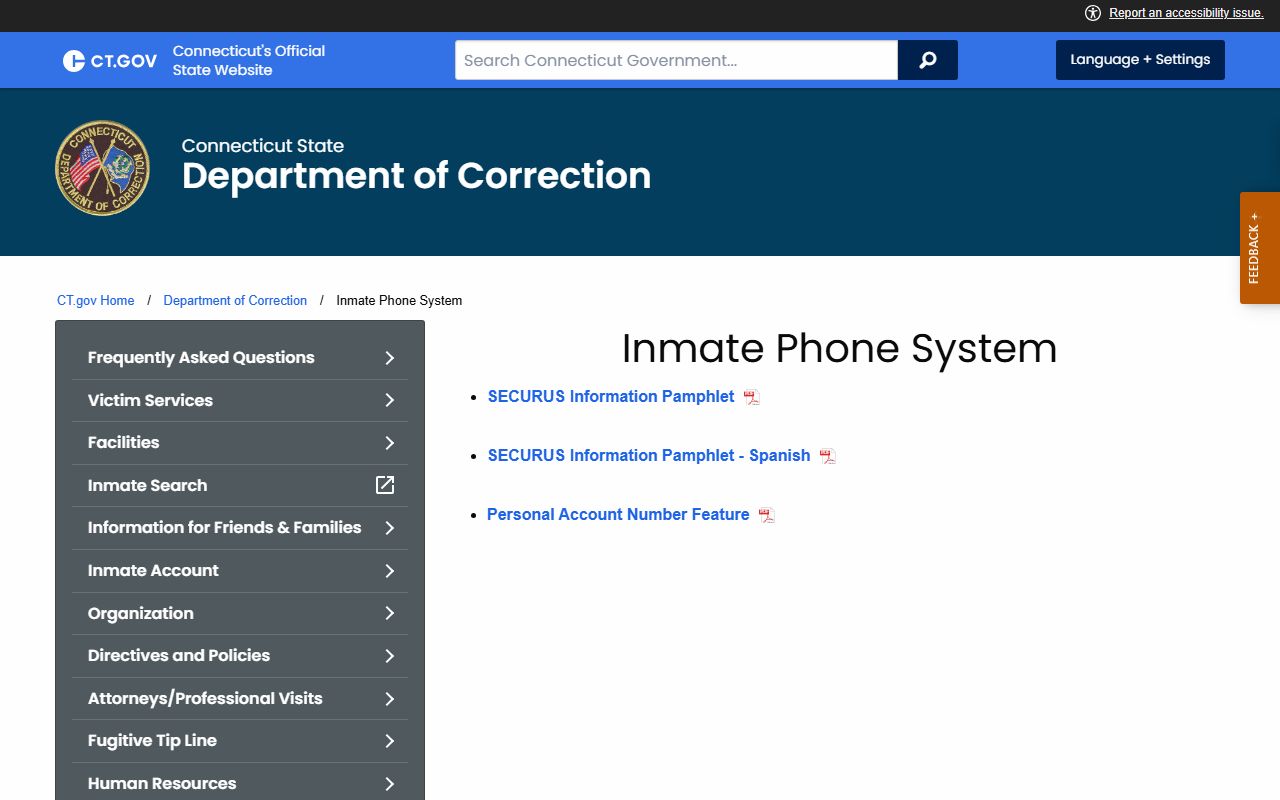 Connecticut DOC Securus inmate phone system page that covers calls from Hartford Correctional Center