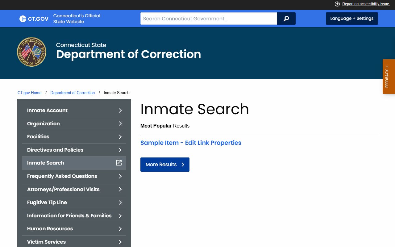 Connecticut DOC inmate-search service page used for Manchester County inmate records lookups