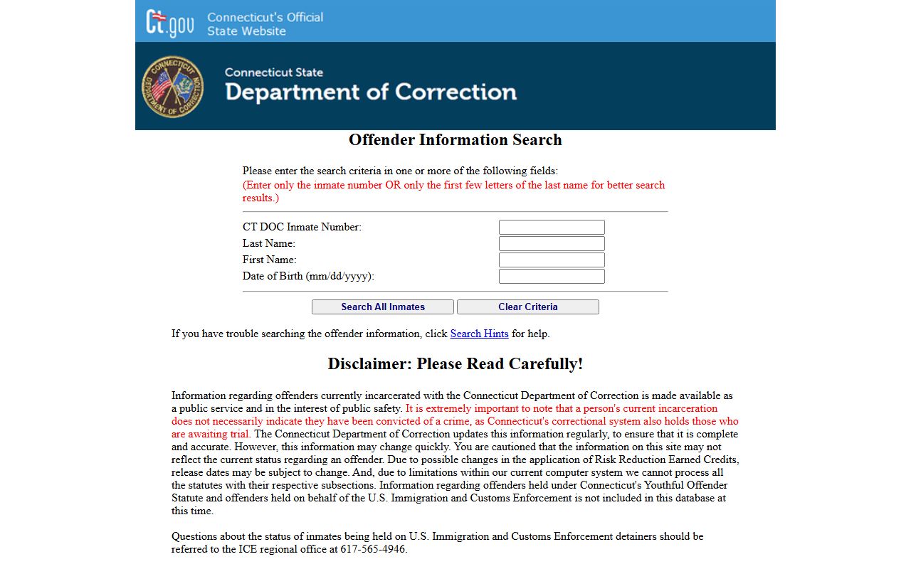 Connecticut DOC inmate search portal used to look up the Manchester County inmate population and custody records