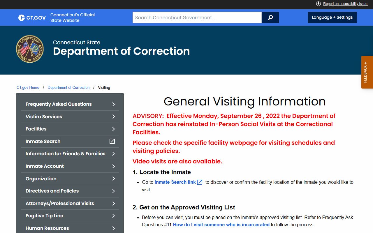 Connecticut DOC general visiting rules page that applies to Hartford Correctional Center visits