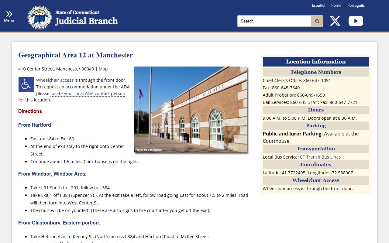 Geographical Area 12 Manchester courthouse directions page, the source of court records after a Manchester County arrest