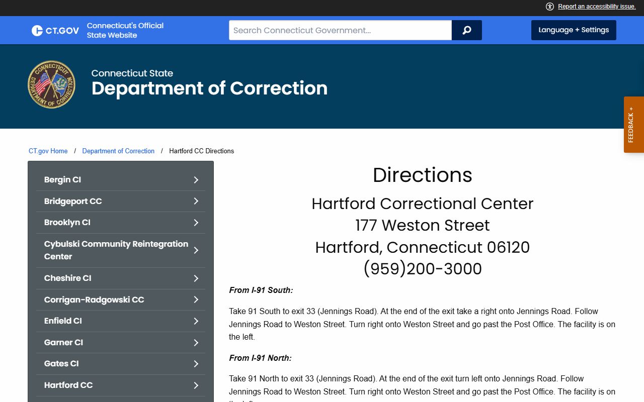 Official Connecticut DOC driving directions page for Hartford Correctional Center from I-91 and I-84