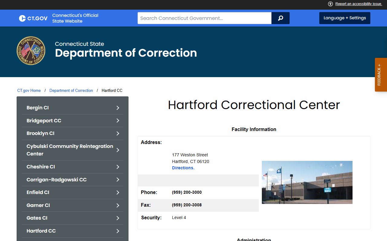 Hartford Correctional Center facility page that serves the Manchester County inmate population and inmate records