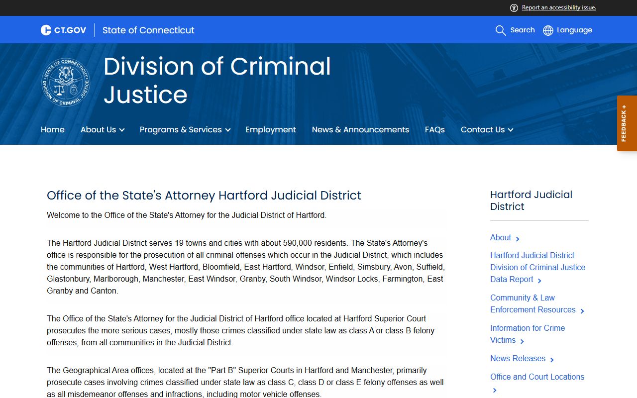Hartford Judicial District State's Attorney page that prosecutes Manchester County court records cases after an arrest