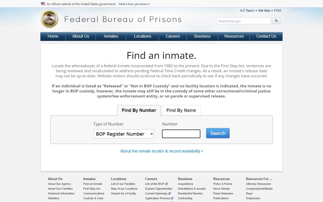 Federal BOP inmate locator search page referenced for Manchester County inmate records that fall under federal custody